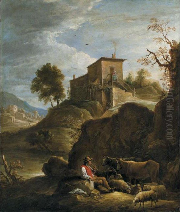 Pastoral Landscape With A 
Herdsman Playing A Pipe Near A Waterfall Oil Painting by David The Younger Teniers