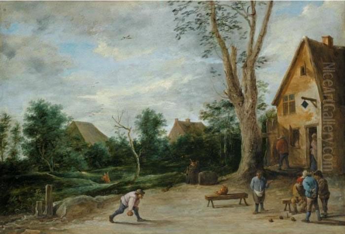 Village Scene With Four Peasants
 Playing Bowls Before A Tavern Two Cottages 
Beyond Oil Painting by David The Younger Teniers
