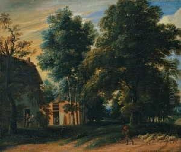 Und Arthois, Jacques D' 
Pastorale Landschaft Mit Flotespielendem Hirten Vor Bauernhausern. Ol 
Auf Leinwand . H 45,7; B 54,7 Cm. Gutachten M. Klinge. Provenienz: Slg. 
Pie Oil Painting by David The Younger Teniers