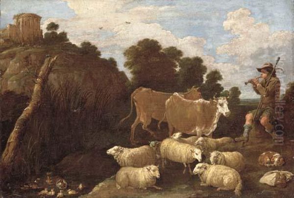 A River Landscape With A 
Herdsman Playing A Pipe With Classical Ruins On A Hilltop Beyond Oil Painting by David The Younger Teniers