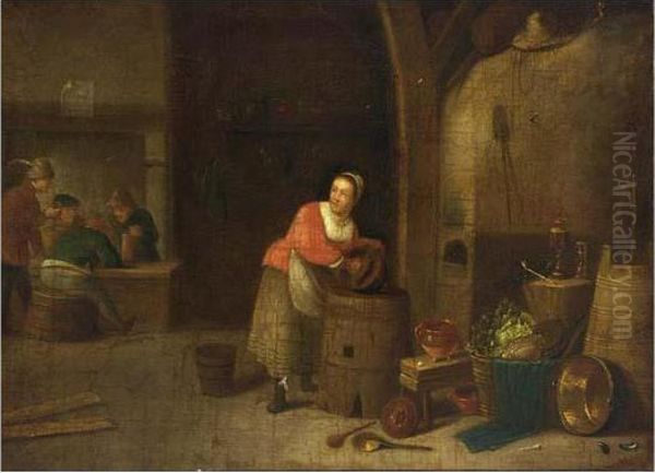 An Interior Of An Inn With A 
Maid Cleaning Pots, A Still Life With Pots, Pans And Cabbages In The 
Foreground, Peasants Drinking In The Background Oil Painting by David The Younger Teniers
