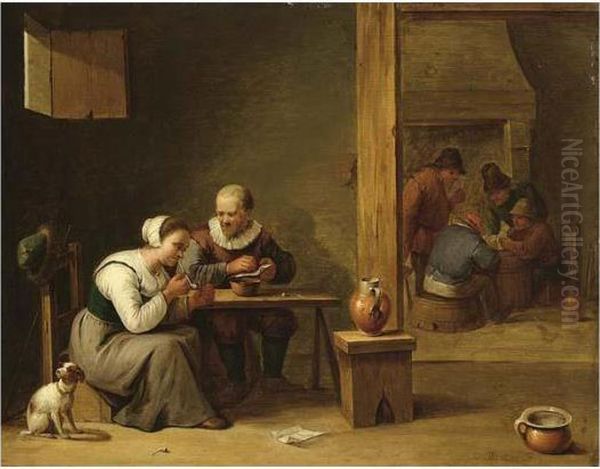 A Couple Smoking In An Inn, 
Other Peasants Playing Cards In The Background Near A Fireplace Oil Painting by David The Younger Teniers