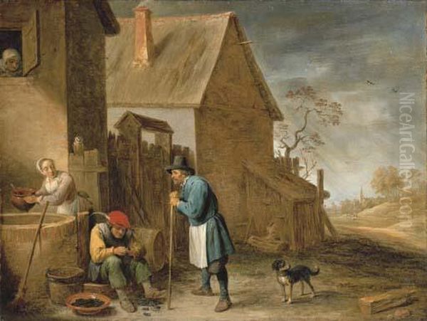 A Peasant Eating Mussels At A 
Farm, With A Woman At A Well And Aman With His Dog, A Landscape With A 
Church Beyond Oil Painting by David The Younger Teniers