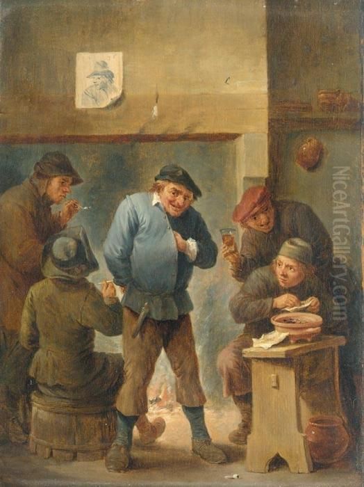 A Tavern Interior With Boors Smoking And Drinking 

 Before A Fireplace Oil Painting by David The Younger Teniers