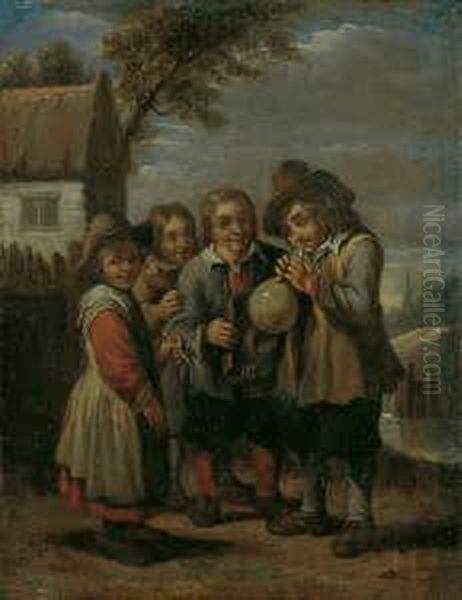 In Der Art Vier Mit Einer 
Schweinsblase Spielende Kinder. Ol Auf Kupfer. H 14; B 11,5 Cm. Verso 
Ein Klebezettel Mit Hinweis Auf Das Bei Smith, Catalogue Raisonne..., 
Part Iii, Als Nr. 581 Aufgefuhrte Gemalde, Zu Oil Painting by David The Younger Teniers