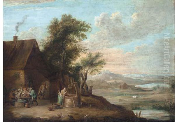 A River Landscape With Peasants 
Smoking And Drinking Outside Aninn, With A Women Getting Water From A 
Well Oil Painting by David The Younger Teniers