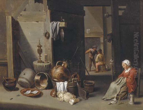 A Farmhouse Interior With A Woman Asleep On A Chair Oil Painting by David The Younger Teniers
