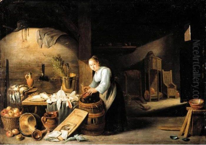 A Kitchen Interior With A 
Servant Woman Washing A Pot, Some Fish And Fowl On The Table Nearby Oil Painting by David The Younger Teniers
