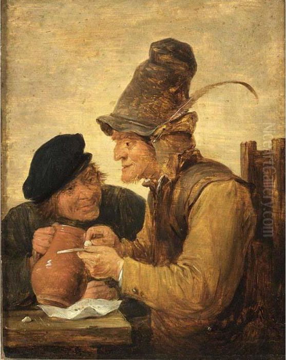 Two Peasants Drinking At A Table Oil Painting by David The Younger Teniers