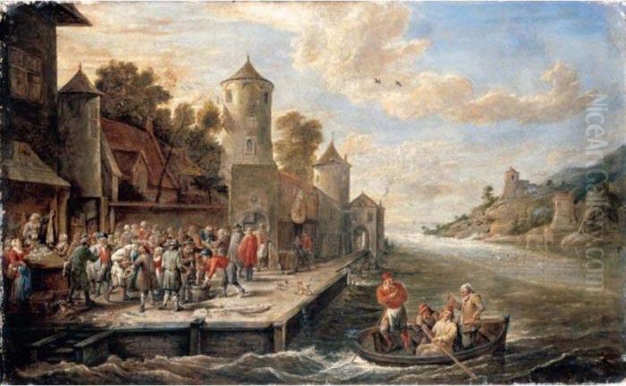 A Coastal Landscape With A 
Crowded Fish Market, Figures In A Rowing Boat In The Lower Right 
Foreground Oil Painting by David The Younger Teniers