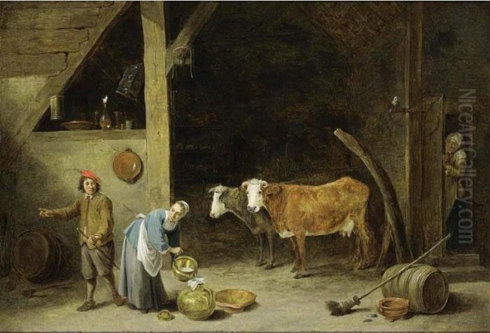 A Barn Interior With A Peasant 
Woman Pouring Milk Into A Jug And A Peasant Man Standing Nearby, With 
Cattle In The Background, An Old Woman Peeking Through A Door And An Owl
 Sitting On A Stick Near The Door Oil Painting by David The Younger Teniers