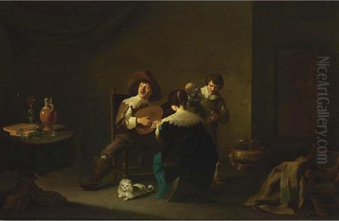 An Interior With A Gentleman 
Playing A Lute And A Lady Singing, Together With A Servant Pouring Wine 
Nearby, And A White Dog In The Foreground Oil Painting by David The Younger Teniers