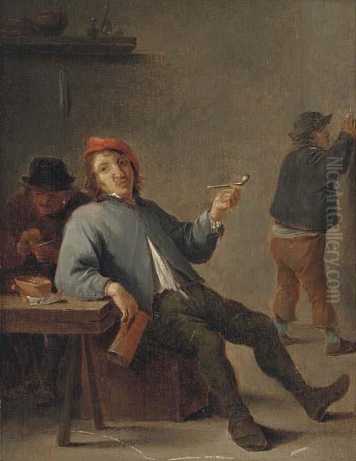A Boor Smoking In An Interior Oil Painting by David The Younger Teniers