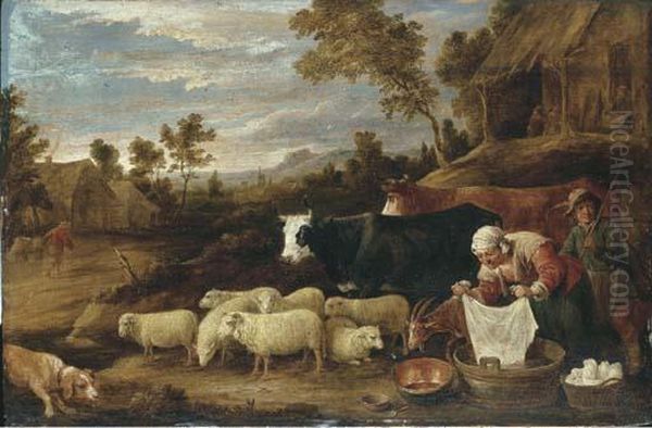 A Pastoral Landscape With A Washerwoman And A Herdsman With Cattleand Sheep Oil Painting by David The Younger Teniers
