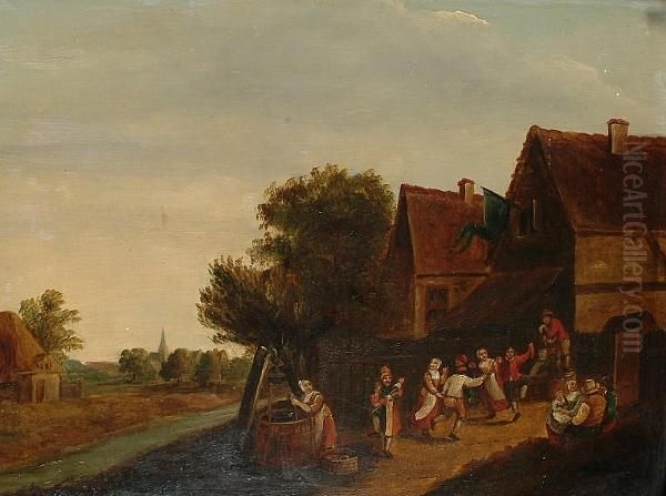 Peasants Dancing Before An Inn With A Woman Drawing Water From A Well Nearby Oil Painting by David The Younger Teniers