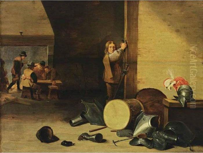 An Interior With A Soldier 
Laying Off His Sword And Figuresdrinking, Smoking And Playing Dice Near A
 Fire Place, With A Stilllife Of Soldiers Garments Oil Painting by David The Younger Teniers