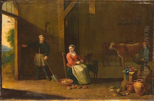 A Lady Seated In An Interior 
Peeling Vegetables, With A Peasant Standing At The Doorway, Earthenware 
Pots In The Foreground And Cattle Beyond Oil Painting by David The Younger Teniers