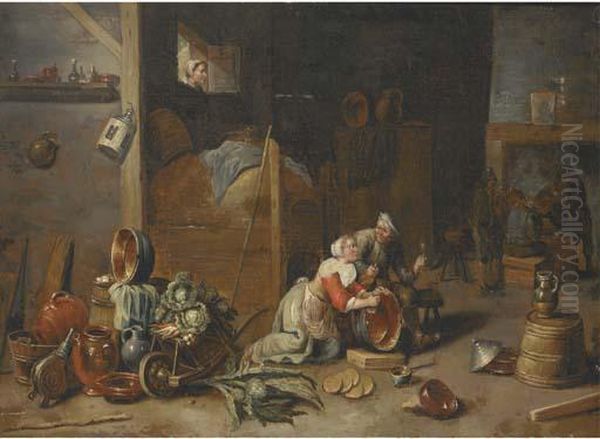 An Interior With A Maid 
Scourging A Pan And Talking To A Boor, With Other Peasants Smoking And 
Drinking Beyond Oil Painting by David The Younger Teniers
