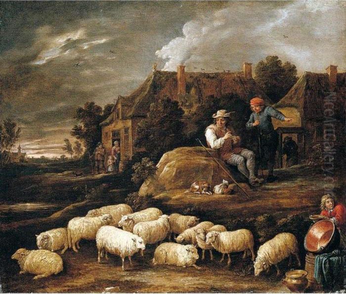 A Shepherd Tending His Sheep And
 Conversing With A Traveller At The Edge Of A Village, A Boy Collecting 
Water In The Foreground Oil Painting by David The Younger Teniers