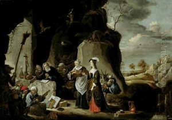Die Versuchung Des Hl. Antonius.
 Der Von Spukgestalten Und Hexen Umgebene Heilige In Einer Grotte. Oil Painting by David The Younger Teniers