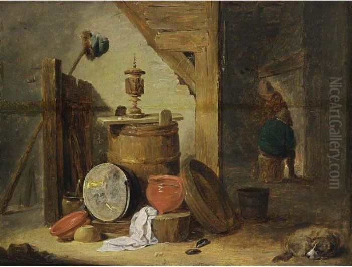 An Interior Of An Inn With A Dog
 And Kitchen Utensils In The Foreground, Two Figures Near A Fireplace 
Beyond Oil Painting by David The Younger Teniers