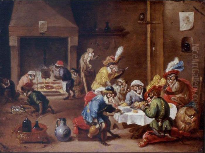Interior With Monkeys Seated 
Around A Table Eating And Drinking, Others In The Background Preparing 
Food Oil Painting by David The Younger Teniers