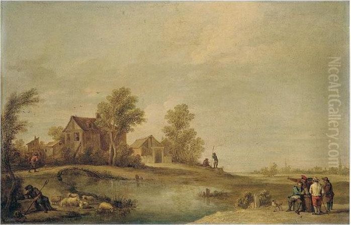 A Landscape With A Herdsman 
Resting With His Flock By A River, Peasants Drinking On The Opposite 
Bank, And A Peasant Crossing A Bridge Towards A Village Beyond Oil Painting by David The Younger Teniers