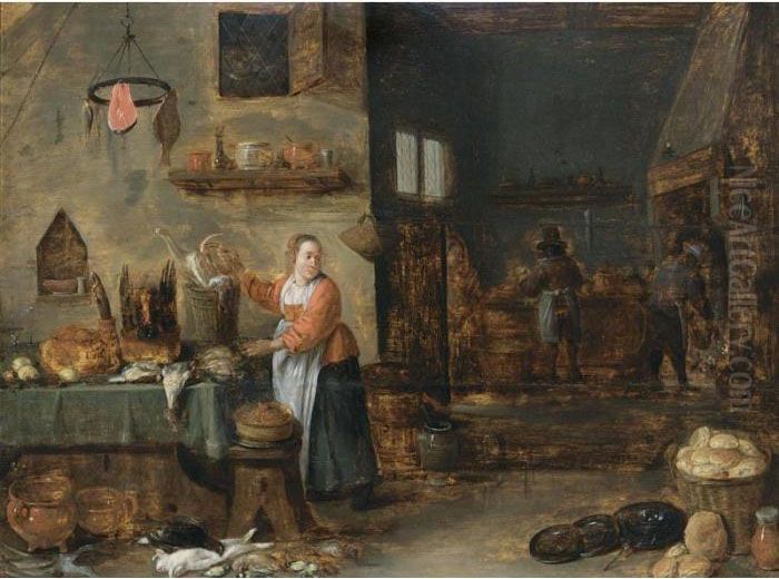 A Kitchen Interior With A Maid 
Holding A Basket Near A Table Laid With Poultry And Pastries Oil Painting by David The Younger Teniers