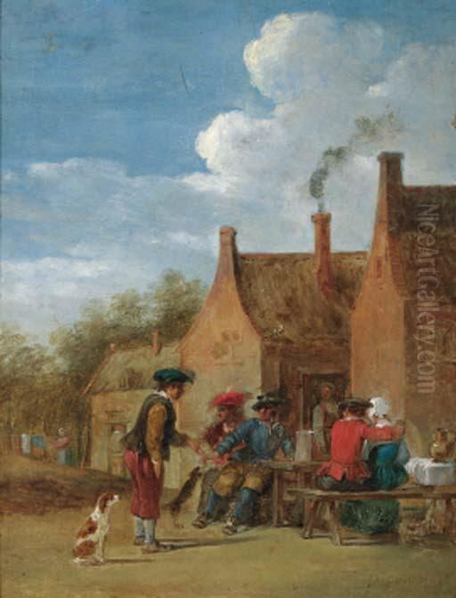 A Peasant Couple And Travellers At Table Outside An Inn Oil Painting by David The Younger Teniers