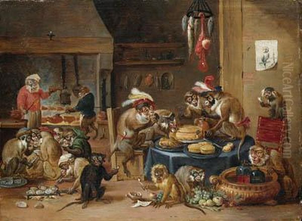 Monkeys Preparing Food In A Kitchen Oil Painting by David The Younger Teniers
