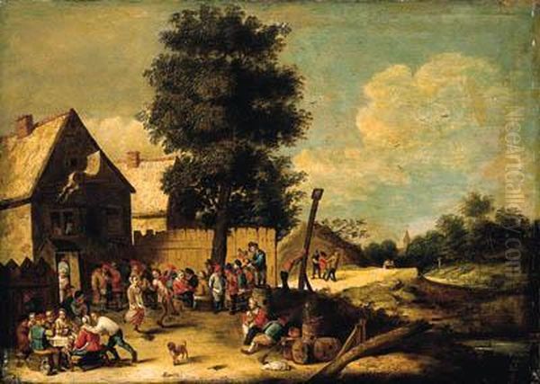 A Peasant Couple Dancing To The 
Music Of A Bagpiper, Standing On Abarrel, With Other Peasants 
Merrymaking, Ouside An Inn Oil Painting by David The Younger Teniers