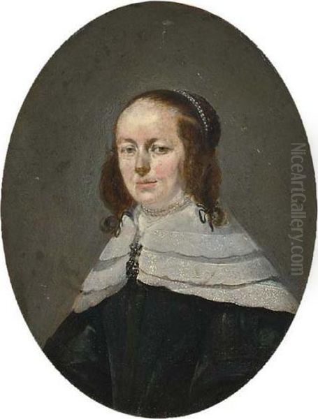 A Portrait Of A Bearded Man, 
Bust Length, Wearing A Black Coat With Lace Collar; A Portrait Of A 
Lady, Bust Length, Wearing A Black Dress With A Lace Collar And A Pearl 
Neck Lace Oil Painting by Gerard Terborch