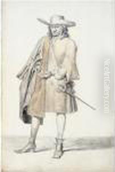 A Pair Of Studies Of Noblemen: 
One Standing, Counting Money, The Other Seen From Behind, Bearing A 
Rifle On His Shoulder, A Castle In The Distance Oil Painting by Gerard Terborch