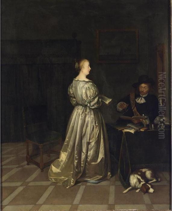 An Interior With A Lady Taking 
Singing Lessons From A Gentleman, A Sleeping Dog In The Foreground Oil Painting by Gerard Terborch