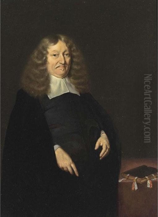A Portrait Of Andries De Graeff 
(1611-1678), Burgomaster Of Amsterdam, Standing Three-quarter Length, 
Wearing A Black Suit And White Collar, Beside A Desk With A Book Oil Painting by Gerard Terborch