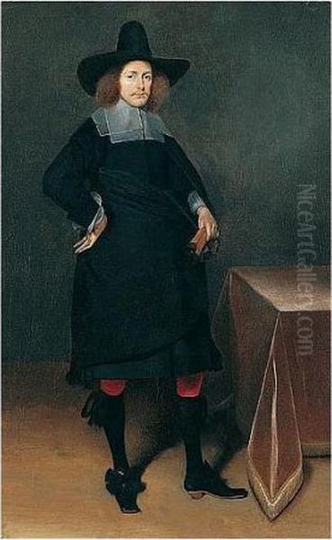 A Portrait Of A Gentleman, 
Standing Full-length, Wearing A Black Suit And Hat With White Collar And
 Cuffs And Holding Gloves, Near A Draped Table Oil Painting by Gerard Terborch