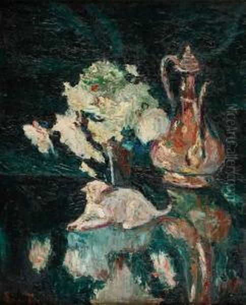 Martwa Natura Z Kotem Oil Painting by Wlodzimierz Terlikowski