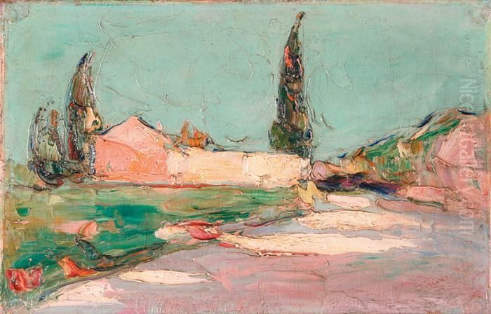 Pejzaz Z Cyprysami Oil Painting by Wlodzimierz Terlikowski