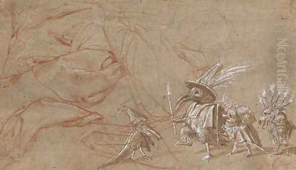 Four grotesque animals and a fragmentary study of a draped figure Oil Painting by Roman School