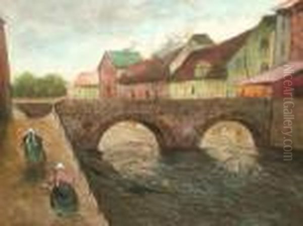 Figures Along A Village Canal Oil Painting by Fritz Thaulow