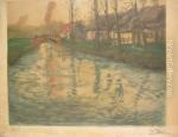 Pont Sur Le Canal, Gravure 
Couleur, Signee En Bas A Droite, Porte Un Numero 53 En Bas A Gauche, 
Piqures Et Accidents, Timbre A Sec Georges Petit Editeur, 56 X 69 Cm Oil Painting by Fritz Thaulow