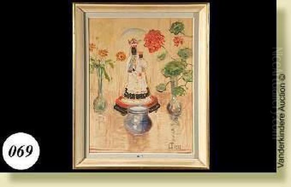 Naturemorte A La Vierge Noire, 
Aquarelle, Gouache Et Huile Sur Papier.monogrmmee En Bas A Droite L.t. 
Pour Louis Thevenet Et Datee 1918.ecole Belge. Dim.: 61x47 Cm Oil Painting by Louis Thevenet