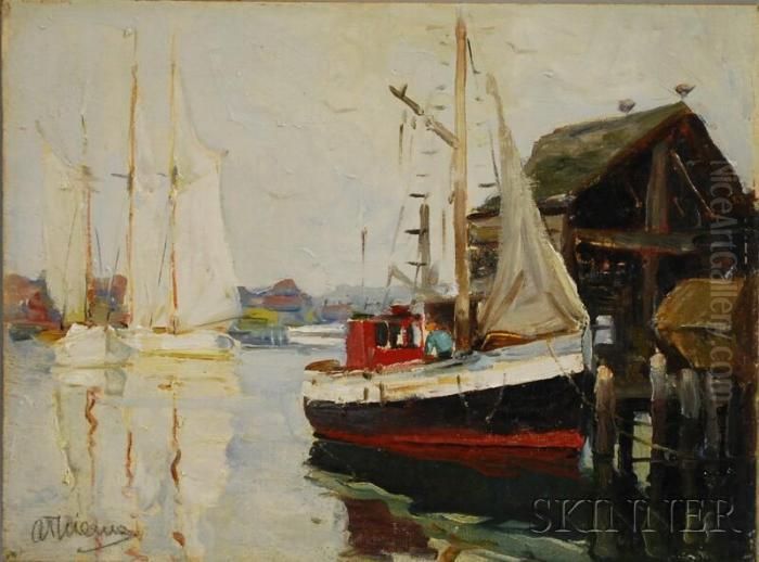 Moored Schooners With Fishing Boat At Pier Oil Painting by Anthony Thieme