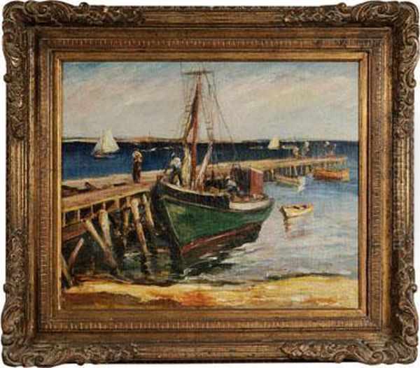 Moored Vessel At A Dock Oil Painting by Anthony Thieme