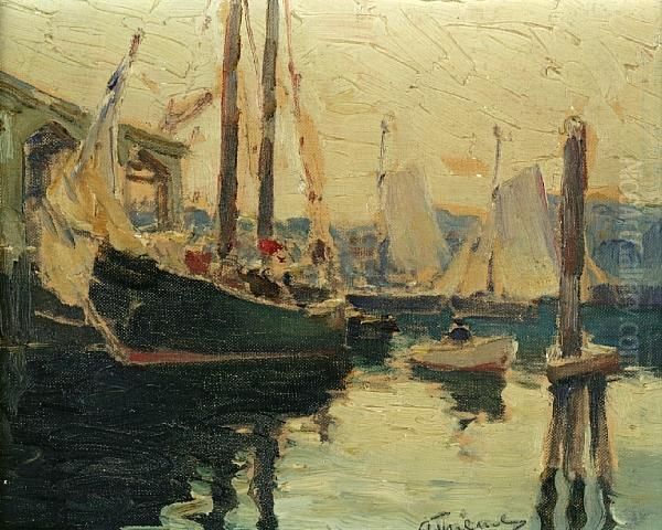 Boats In A Harbor Oil Painting by Anthony Thieme
