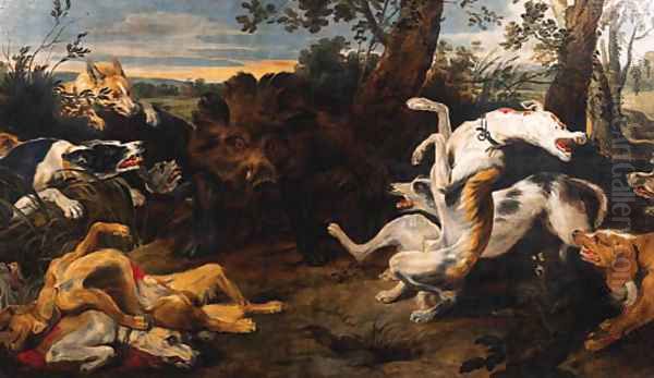 Hounds attacking a Boar Oil Painting by Frans Snyders