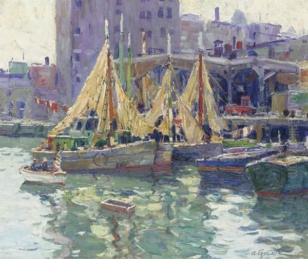 Boats In Harbor Oil Painting by Anthony Thieme