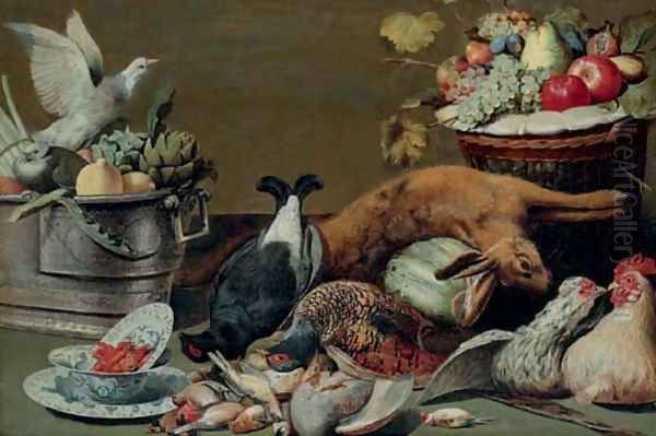 Artichokes, lemons and pigeons in a silver tureen, crayfish in a Wan-li bowl Oil Painting by Frans Snyders