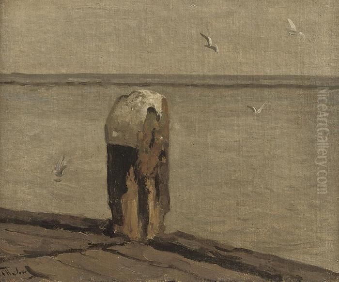 De Meerpaal; A Quiet Sea Oil Painting by Willem Bastiaan Tholen