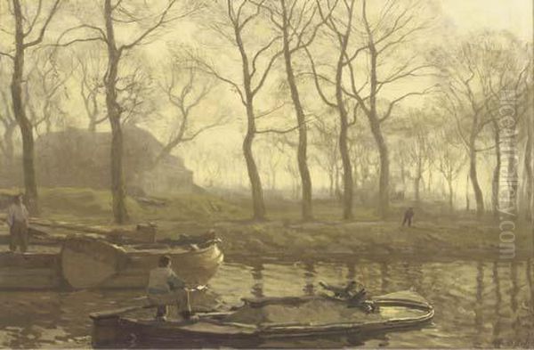 Barges On The Kanaal At Scheveningen Oil Painting by Willem Bastiaan Tholen